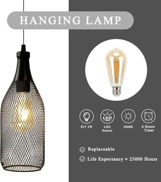 JHY DESIGN Hanging Lamp Black Battery Powered Decorative Pendant Lamp Metal Cage Battery Lamp with 6 Hours Timer for Bar Bedroom Garden Parties Patio Indoor Outdoor Living Room(Wine Bottle Shaped) by GreenHaven Gardens