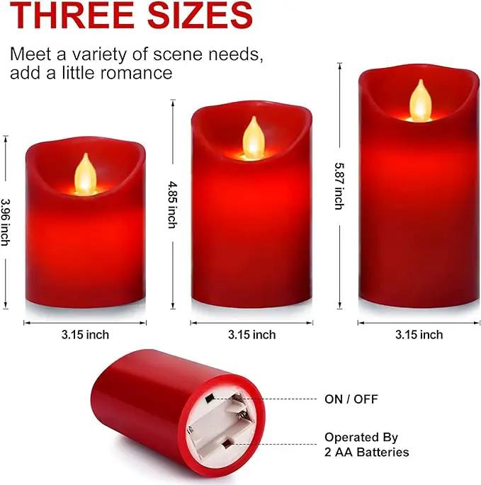 Flameless Battery Operated Flickering Candles:3PACK Red Real Wax Pillar Candle,Electric LED Candle with 10-Key Remote Control and 24 Hours Timer for Home Decoration Holiday Party by GreenHaven Gardens