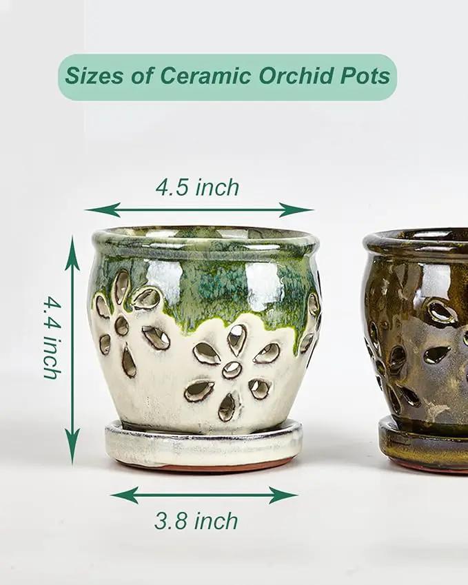 Vensovo 4 Inch Ceramic Orchid Pots with Holes and Saucers - 2 Pcs Small Succulent Pot for Repotting, Garden Flowerpots for Plants Indoor and Outdoor Promotes Air Circulation (Olive Green, Green Mixed) by GreenHaven Gardens