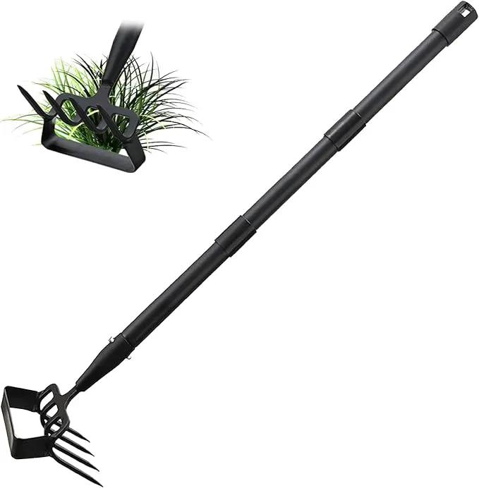 INFLATION Stirrup Hand Hula Hoe Heavy Duty Metal Gardening Weed Puller Tool 4 Tines Prong 2-in-1 Herb Stripper Yard Rake for Women Kids Men Garden Grandpas Weeder 32-62 inch Long Adjustable Handle by GreenHaven Gardens