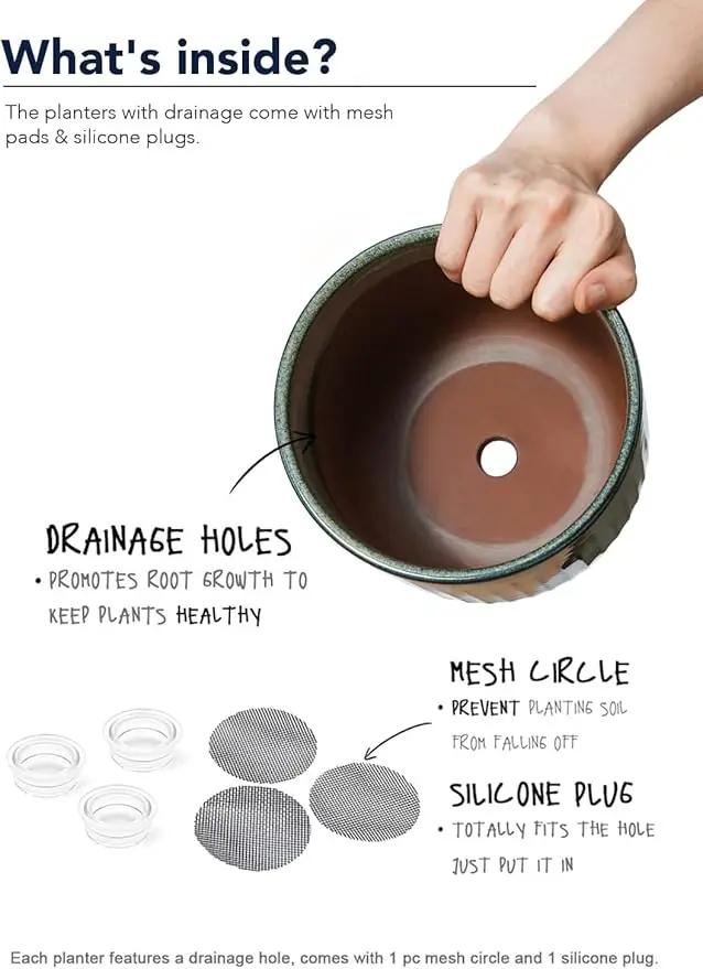 LE TAUCI Ceramic Planters for Indoor Plants, 8.3+6.9+5.7 inch Plant Pots with Drainage Holes, Cylinder Flower Pot for Indoor House Plant, Set of 3, Glaze Dark Olive by GreenHaven Gardens