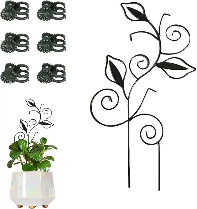 Decorative Metal Plant Trellis for Indoor Potted Plants – Leaf Shape Vine Support Stakes with 6 Plant Clips, Black/Green/Gold Garden Trellises for Climbing Plants, Vines (Black 1pc) by GreenHaven Gardens