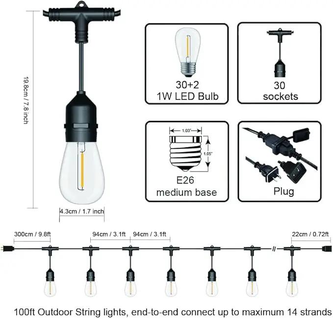 Outdoor String Lights LED 100FT Commercial Grade Heavy Duty Light String Lights with 30 Sockets 32 Shatterproof Plastic Bulbs Include 2 Spare S14 Dimmable Edison Bulbs Patio Market Cafe Light by GreenHaven Gardens