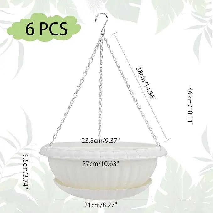 10.63in Hanging Planter Pots for Outdoor and Indoor Plants Flowers with Drainage Hole Tray Hooks Plastic Plant Baskets for Garden Home Porch (White, Pack of 6) by GreenHaven Gardens