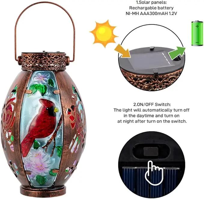 Starsoul 2 PC Cardinal Outdoor Solar Lantern Cardinal Solar Light Waterproof Tabletop Lamp with Hollowed-Out Design for Yard Patio Garden Pathway by GreenHaven Gardens