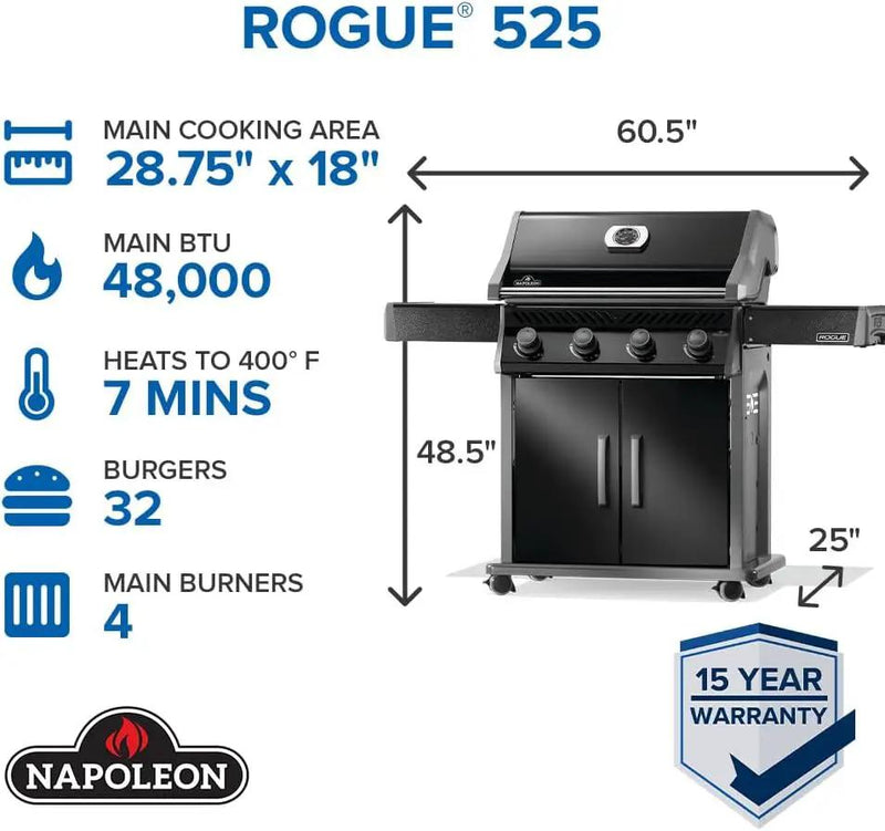 Napoleon Rogue 525 Natural Gas Grill, Black, Durable 4-Burner Cooking Surface by GreenHaven Gardens