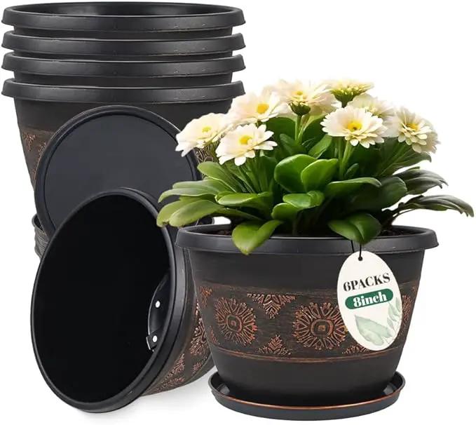 6 Pack 8 inch Plant Pots, Retro Pattern Planters with Drainage Holes and Saucer, Sturdy Plastic Garden Flower Pots for Indoor & Outdoor Plants by GreenHaven Gardens