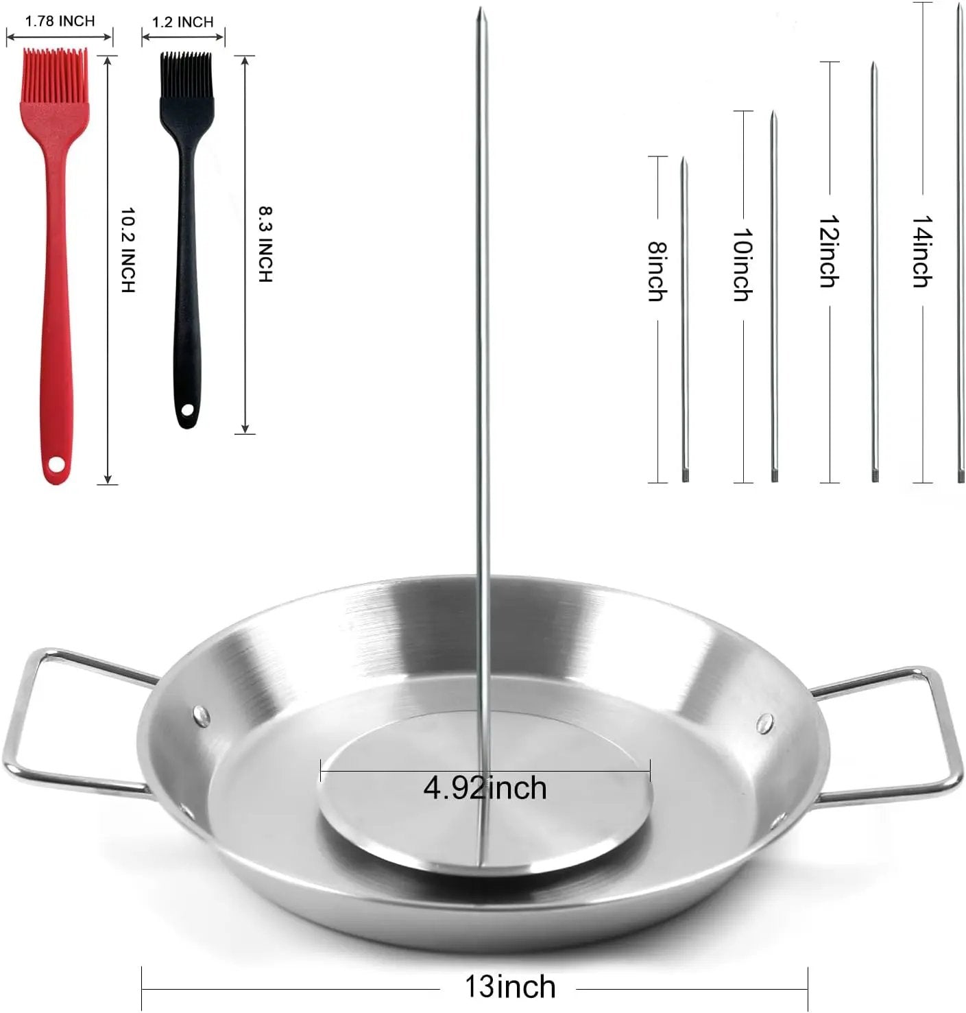 Fengzhe Al Pastor Skewer for Grill: Extra Large 13" Stainless Steel Vertical Skewer, Brazilian Spit Stand with 4 Spikes, 2 Brushes, for Tacos Al Pastor, Shawarma, Kebabs, with Fat Separator Tray by GreenHaven Gardens