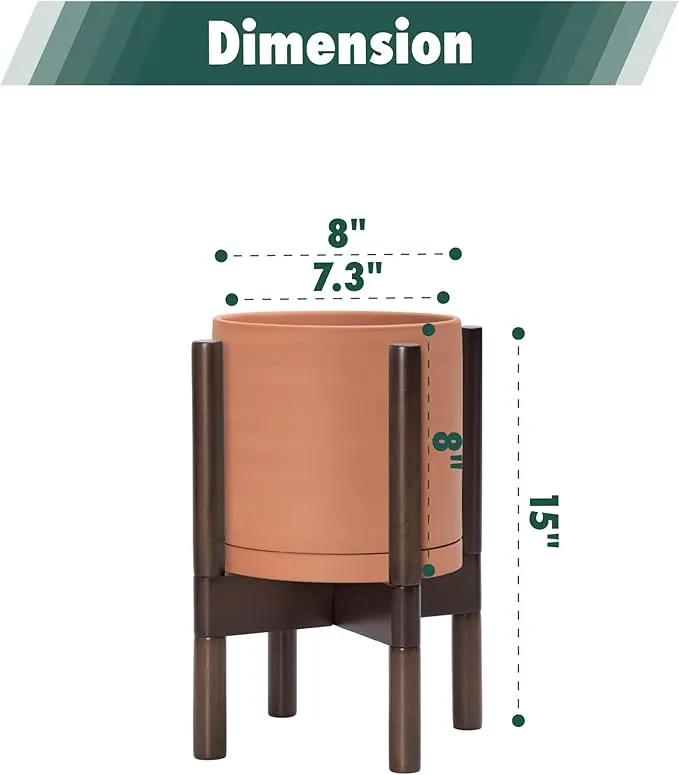 D'vine Dev Terracotta Planter with Walnut Color Stand - 8 Inch Modern Round Flower Pot with Wood Planter Holder, Terracotta, 55-B-Y-5 by GreenHaven Gardens