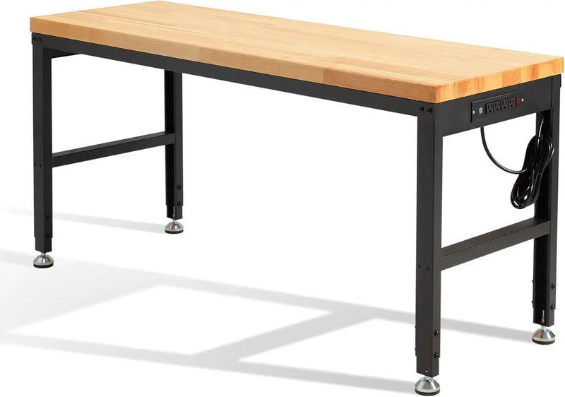 HABUTWAY Height Adjustable Workbench, 60"x20" 2000 Lbs Capacity Solid Wood Work Station Heavy-Duty, with Power Outlets, for Garage Party Shop Office by GreenHaven Gardens