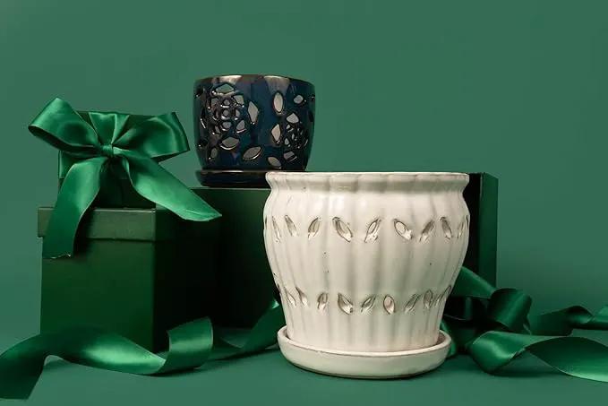 rePotme Orchid Pot - 6 inch Ceramic Pot with Holes, Pinwheel Fluted (White Diamond) - Includes Free 6 inch Slotted Liner by GreenHaven Gardens