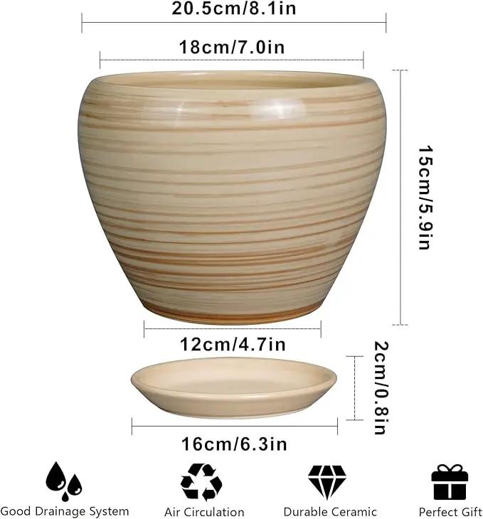 Planter 8 Inch - Indoor/Outdoor Ceramic Plant Pot With Drainage Hole and Saucer, Round Modern Flower Planter for Succulents, House, Patio - Yellow by GreenHaven Gardens