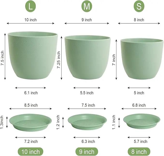 Medium Plant Pots 10/9/8 inch, Flower Pots for Indoor Outdoor Plants, Set of 3 Modern Decorative Plastic Planters with Drainage Holes and Saucers for House Porch Garden Plants, Green by GreenHaven Gardens