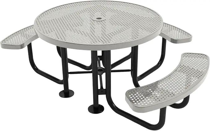 Heavy-Duty Portable Outdoor Picnic Table with Umbrella Hole, Punched Steel Patio Dining Furniture Made in America (46" Round Top, Grey) by GreenHaven Gardens