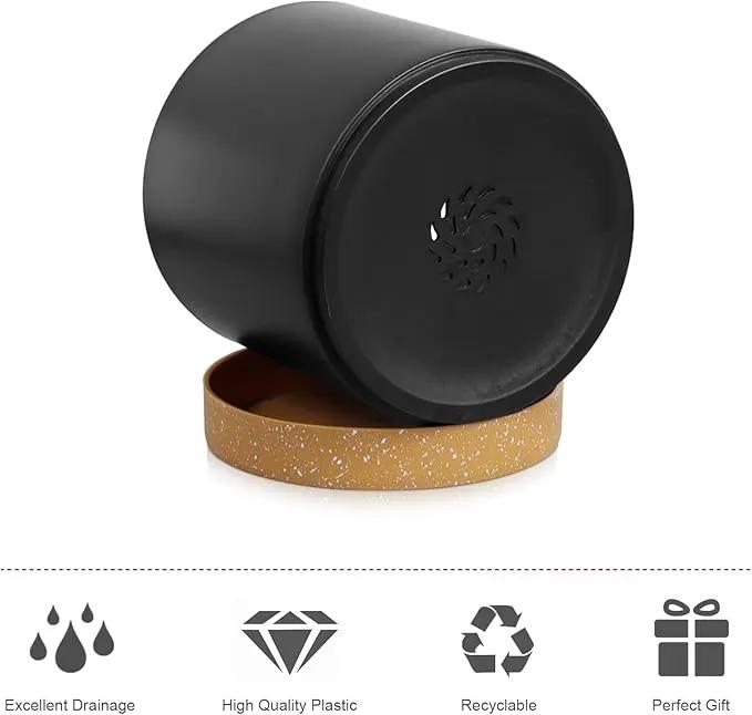 5 Pack Cylindrical Flower Pots with 7/6.5/6/5/4 inch, Modern Small Plastic Plant Pots with Drainage Holes & Saucers, Round Planter Pots for Outdoor, Indoor & Office Decor (Black Brown) by GreenHaven Gardens