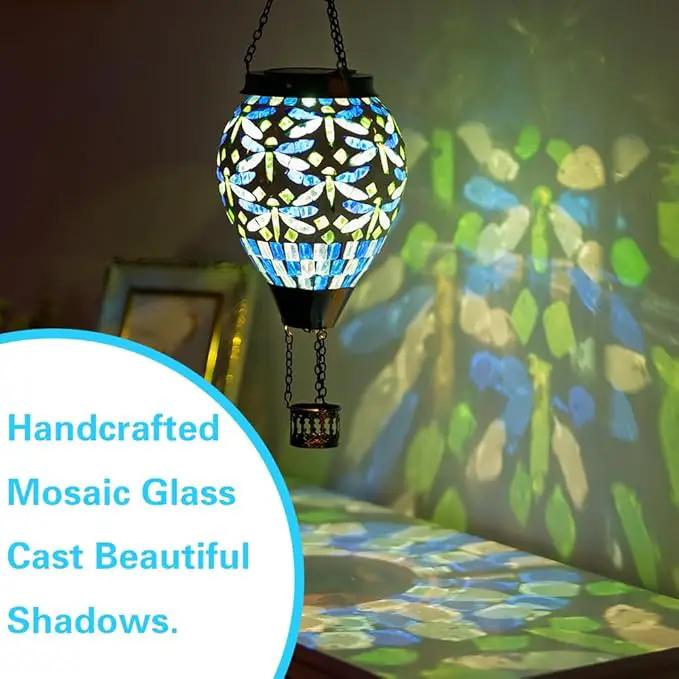 Starsoul Mosaic Dragonfly Hot Air Balloon Solar Lantern Glass Outdoor Hanging Hot Air Balloon Solar Flickering Flame Light Waterproof Garden Patio Yard Party Decorations by GreenHaven Gardens