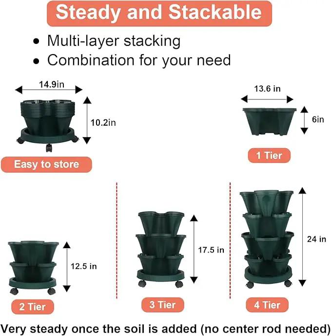 Vertical Planter 4 Tier Stackable Planters Garden Planters Strawberry Herb Flower and Vegetable Planter Indoor Outdoor Gardening Pots with Removable Wheels and Tools 2-Pack by GreenHaven Gardens