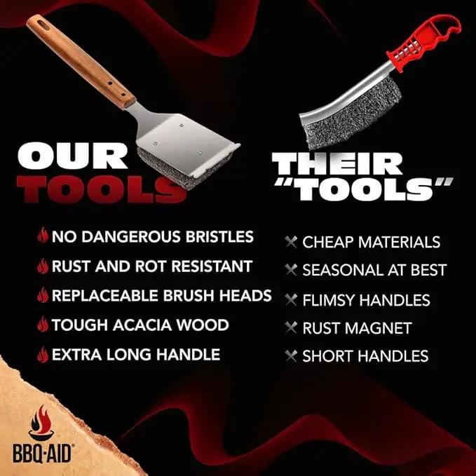 BBQ-AID Bristle Free Grill Brush and Scraper for Barbecue - Extended Large Wooden Handle With Replaceable Head - No Scratch BBQ Cleaning Accessories for Outdoor Grills by GreenHaven Gardens