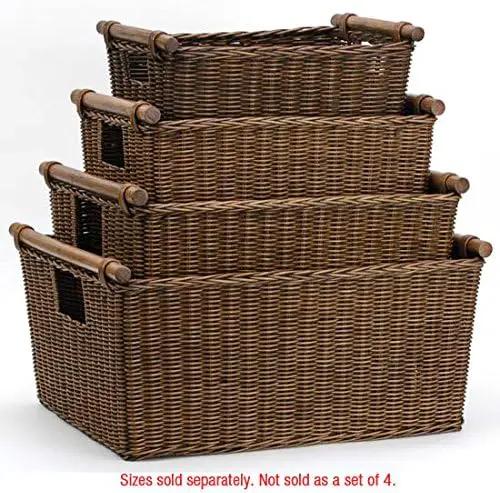 The Basket Lady Pole Handle Wicker Storage Basket, Extra Large, 20 in L x 16 in W x 10 in H, Antique Walnut Brown by GreenHaven Gardens