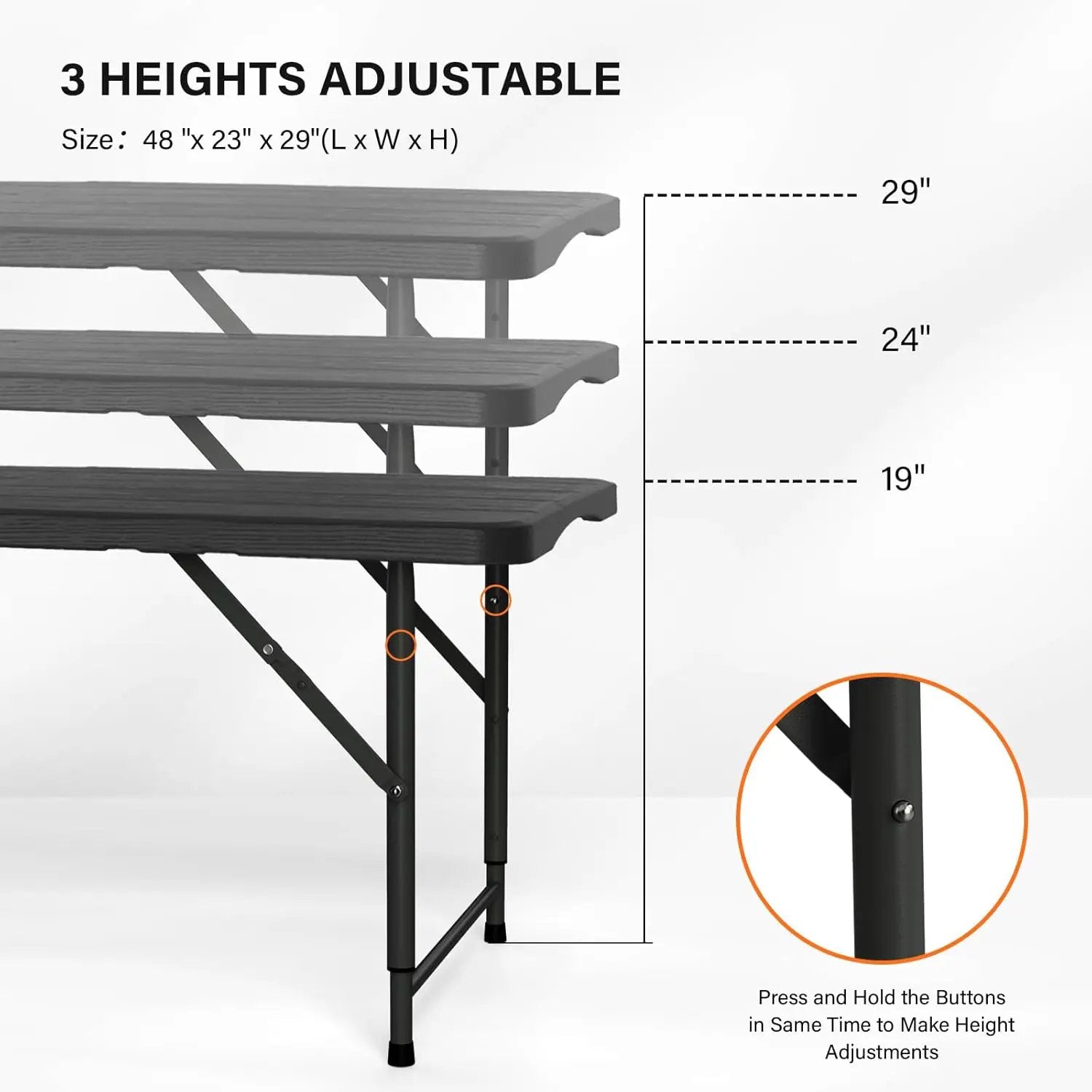 VINGLI 4 FT Plastic Folding Camping Table,3-Level Adjustable Height, Portable in/Outdoor Party Picnic Dining Desk,Off-White Garden Soccer Multipurpose Entertaining Activities, Black by GreenHaven Gardens