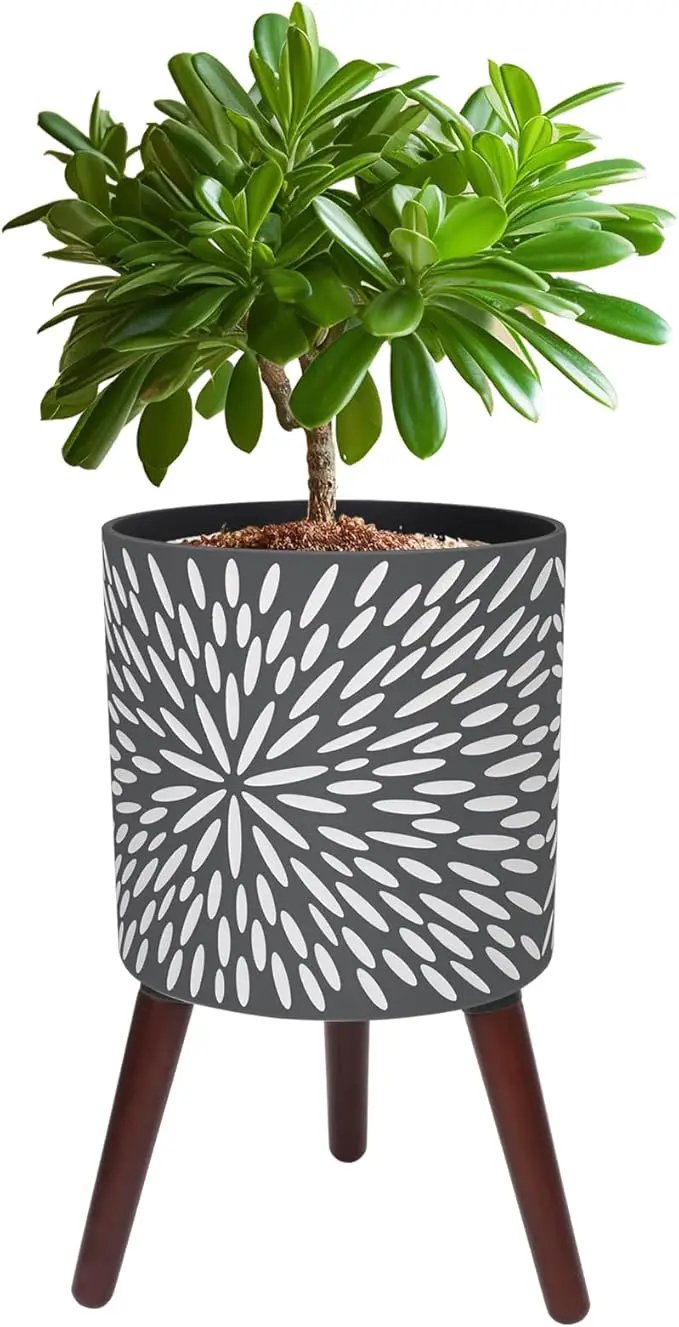 12 Inches Plant Pot with Stand, Large Modern Standing Planters for Indoor Plants with Drainage Holes, Gray Flower Pots with Legs by GreenHaven Gardens