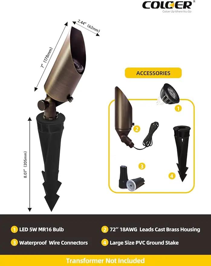 COLOER Brass Landscape Spotlights,12 Pack Spotlight Fixture Outdoor with 5W Aluminum Housing MR16 LED Bulb 2700K 450LM,12V AC/DC Low Voltage Landscape Lighting, Uplight for Garden and Patio(103B) by GreenHaven Gardens