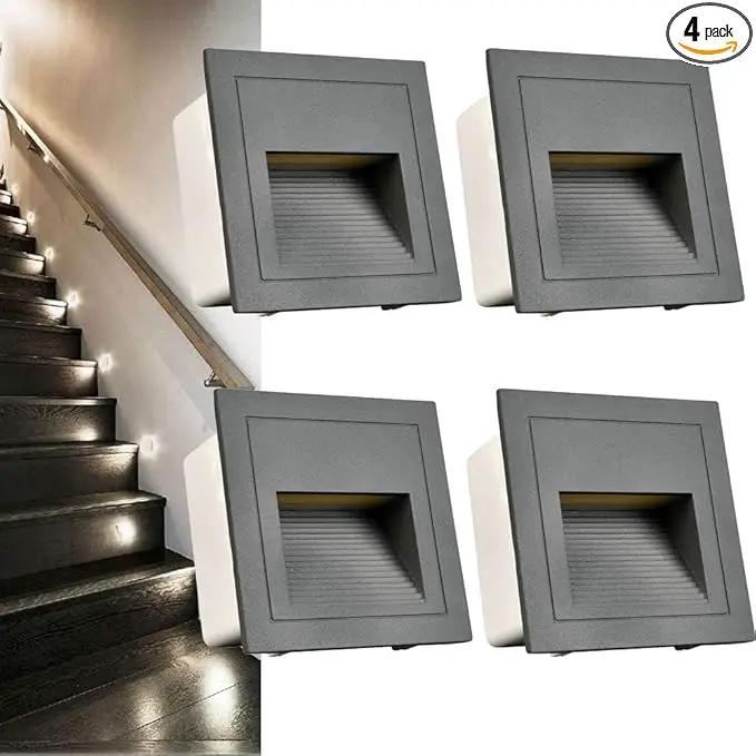 4Pack 3W LED Recessed Light120V Step Lights Warm White 3000K IP65 Waterproof Recessed Wall Light Staircase Light lamp, Inside Outside Garden Balcony Corridor, Aluminum,Grey