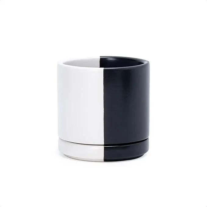 D'vine Dev 3.5 Inch Ceramic Planter Pot with Drainage Hole and Saucer, Indoor Cylinder Round Planter Pot, Split Monochrome Black & White, 94-O-A-0 by GreenHaven Gardens