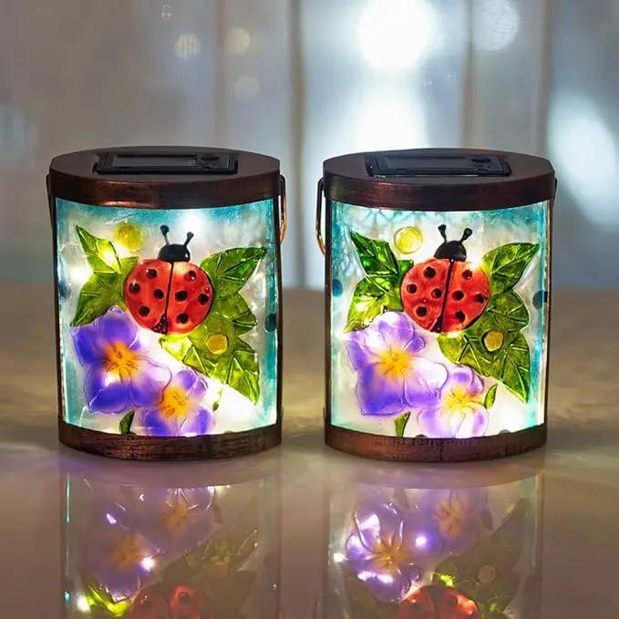 Starsoul 2 Pack Hanging Solar Lantern Outdoor Waterproof Glass Ladybug and Flowers Decorative Solar Lights for Outside Garden Yard Table Patio Decor by GreenHaven Gardens