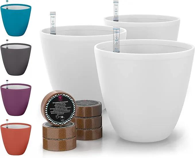 GARDENIX DECOR Self Watering Pots for Indoor Plants 3 Pack - Flower Pot with Water Level Indicator for Plants, Grow Tracking Tool - Self Watering Planter Plant Pot - Coco Coir - White by GreenHaven Gardens