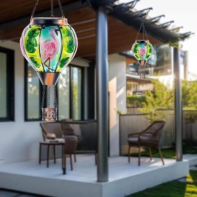 Starsoul Flamingo Hot Air Balloon Solar Lantern Solar Hot Air Balloon Flickering Flame Hanging Garden Light Metal & Glass Waterproof Lanterns for Yard Patio Farmhouse Decoration by GreenHaven Gardens