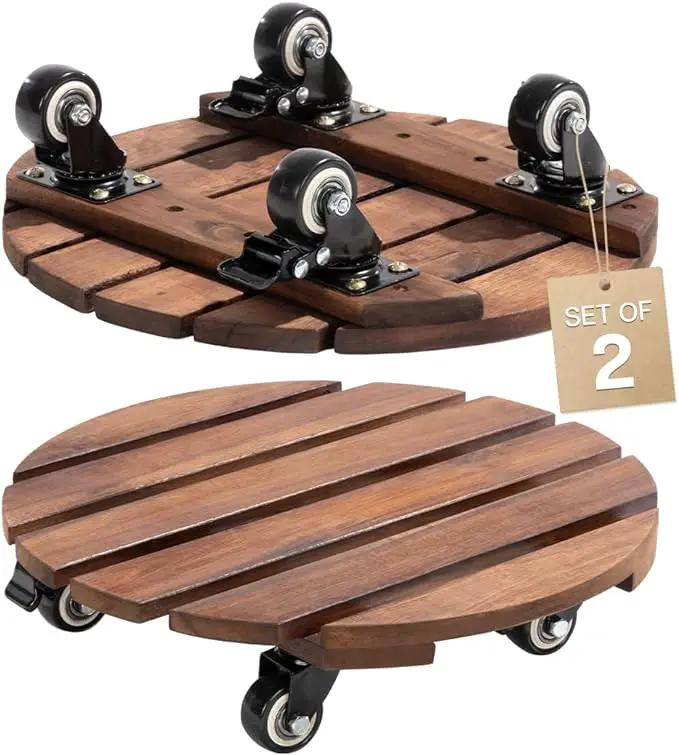 2pack Wood Plant Caddy With Wheels Heavy Duty Red Brown, 264 Lbs Capacity, 12 Inch Acacia Hardwood Plant Dolly, Plant Stand with 360° Lockable Wheels for Plant Pots, Heavy Objects Hauling by GreenHaven Gardens