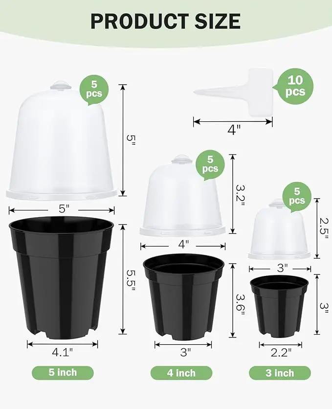 homenote Nursery Pots for Plants,3/4/5 Inch Plant Pot for Planting with Humidity Domes Plastic Seedling with Drainage Holes Seed Starter Flower with 10 Labels Black (15 Pack) by GreenHaven Gardens