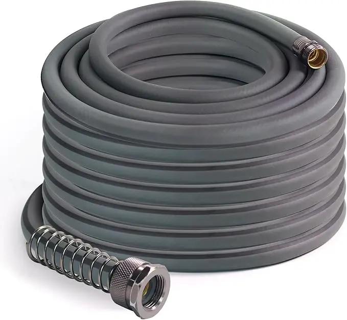 5/8’’ Heavy Duty Garden Hose 100 ft – Outdoor Hybird Water Hose with Solid Fitting - Flexible, Kinkless, Lightweight Garden Hose for Lawn Watering, Car Washing - Burst 500 Psi (Grey,100 ft) by GreenHaven Gardens