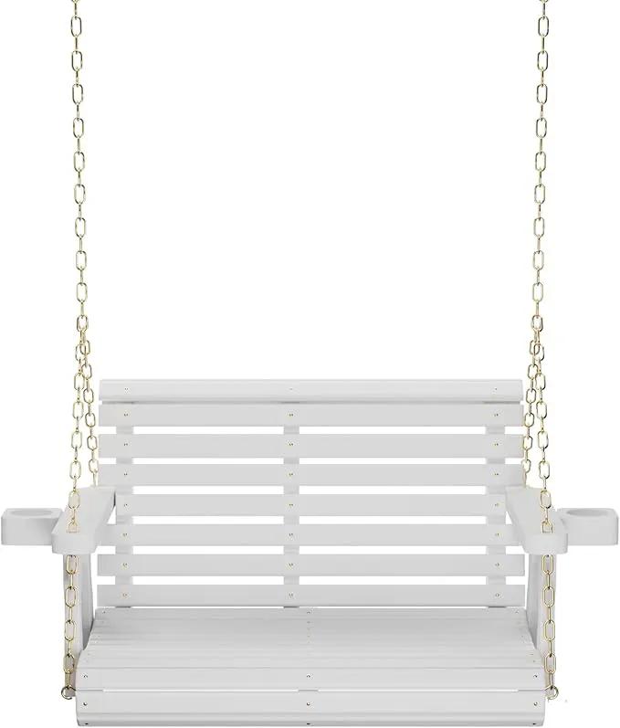 Amish Casual 3 Foot Roll Back Porch Swing with Cup Holders in Semi-Solid White Stain - Amish Made in The USA from Treated Pine Heavy Duty 700 Lb. Weight Capacity by GreenHaven Gardens