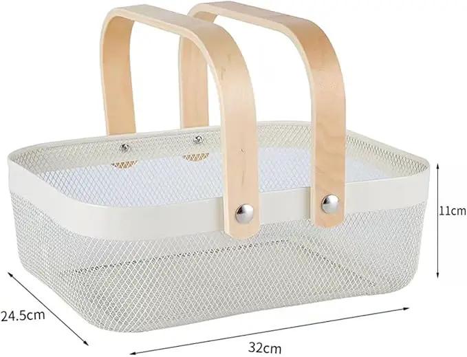 Metal Mesh Steel Basket, Storage Organizer Basket Garden Harvest Basket Multi-functional Kitchen Fruit Baskets Bin with Wooden Handle for Bathroom Picnic Shopping Decor Cabinet Home, White by GreenHaven Gardens