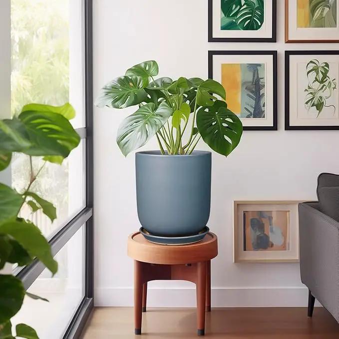 10 Inch Plant Pot - Ceramic Pot for Indoor Plants Outdoor Planter Large Flower Pot with Drainage Hole and Saucer Cylinder Gray by GreenHaven Gardens