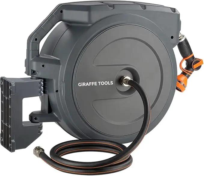 Giraffe Tools AW405/8MB Retractable Garden Hose Reel 5/8" x 90 ft PRO Metal Bracket, Heavy Duty, Any Length Lock Hose Reel, 90ft, Dark Grey by GreenHaven Gardens