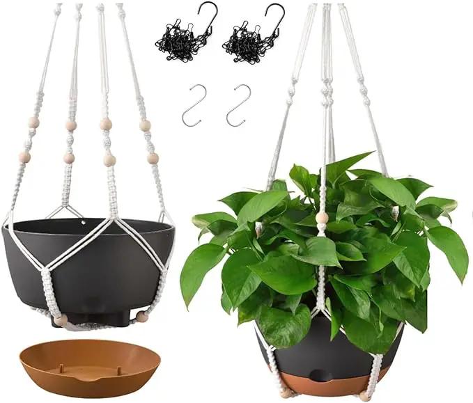 10 Inch Hanging Planters for Indoor & Outdoor Use (2 Pack) - Self-Watering & Drainage Flower Pots with Chain & Macrame Hangers (Deep Gray, 10 in) by GreenHaven Gardens