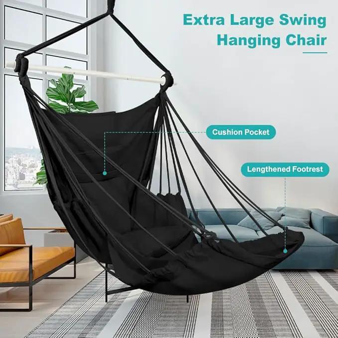 Outerman Hammock Chair, Hanging Chair with 3 Cushions and Foot Rest Support, Sturdy Metal Spreader Bar Max 500Lbs, Swing Chair for Bedroom, Indoor & Outdoor, Patio, Porch or Tree（Black）… by GreenHaven Gardens