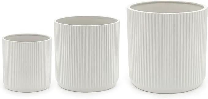 Amazon Basics Assorted Sizes Fluted Ceramic Round Indoor Outdoor Planters with Drainage, Set of 3, Modern Design, 6 inch, 8 inch, 10 inch, White by GreenHaven Gardens