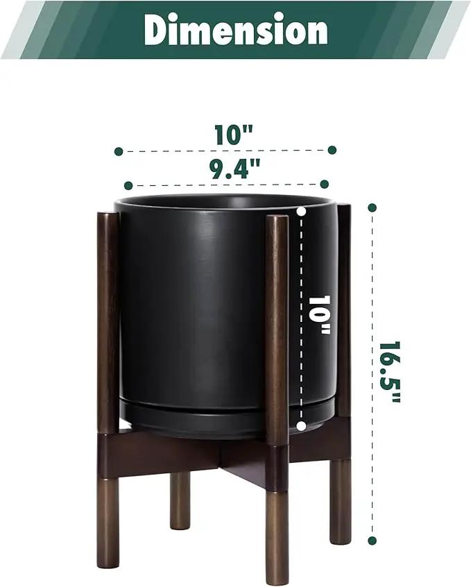 D'vine Dev Ceramic Planter with Walnut Color Stand - 10 Inch Modern Round Flower Pot with Wood Planter Holder, Black, 55-B-X-2 by GreenHaven Gardens