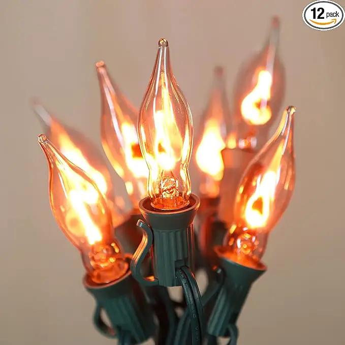 12.8Ft C7 Christmas Lights Flickering Flame String Lights with 12 Pack Clear Flame E12 Light Bulbs(2 Spare), Great for Christmas Decorations Indoor Outdoor Home Patio Party Lights, Green Wire by GreenHaven Gardens