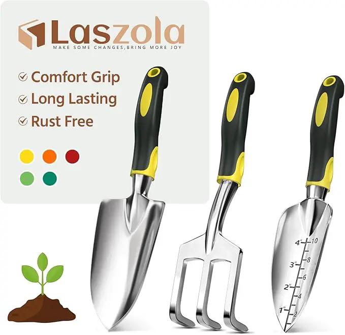 LASZOLA 3 Piece Garden Tool Set Include Hand Trowel Rake and Transplant Shovel for Women, Indoor Heavy Duty Small Spade Kit with Ergonomic Handle to Weed and Loosen, for Mom and Plant Beginner, Yellow by GreenHaven Gardens