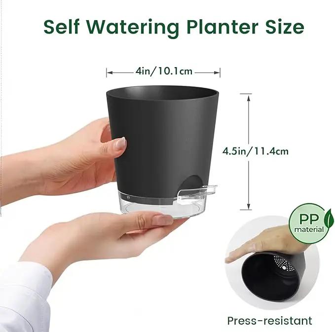 4 inch Self Watering Pots for Indoor Plants, 5 Pack Small Flower Plant Pots with Drainage Holes and Clear Reservoirs, Visible Water Level, Plastic Planters with Wicking Rope, Black by GreenHaven Gardens
