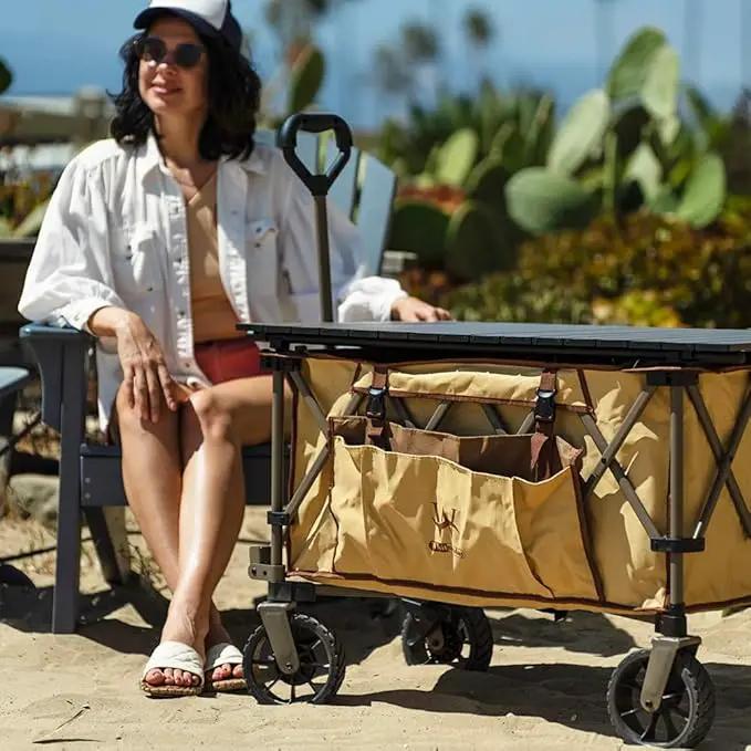 Whitsunday Folding Collapsible Wagon Cart, Beach Heavy Duty Wagon with Table,Utility Grocery Cart for Camping Sports Outdoor Shopping Park Khaki