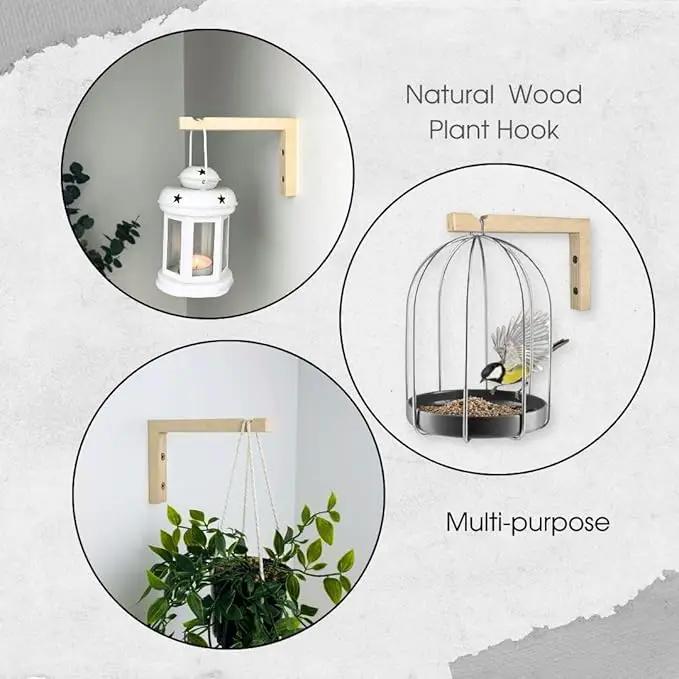 2-Piece Set of Plant Hooks for Wall 6 Inch - L-Shaped Mounted Wooden Plant Hook - Indoor and Outdoor Bracket Plant Hanger for Planters, Lanterns, Bird Feeders and Plant Basket (Natural) by GreenHaven Gardens