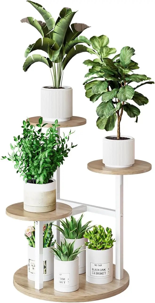 Plant Stand Indoor 4 Tier 5 Potted Multiple Flower Pot Holder for Patio Garden Balcony Living Room Corner (4 Tier White+Sonoma Oa) by GreenHaven Gardens