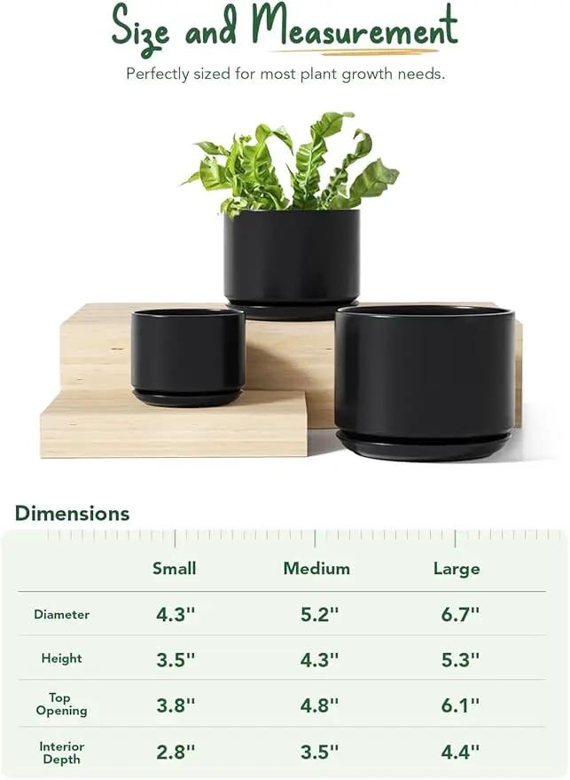 LE TAUCI Ceramic Plant Pots, 4.3+5.3+6.8 inch, Set of 3, Planters with Drainage Hole and Saucer, Indoor Flower Pot with Hole Mesh Pad, Gifts for Mom, Black by GreenHaven Gardens