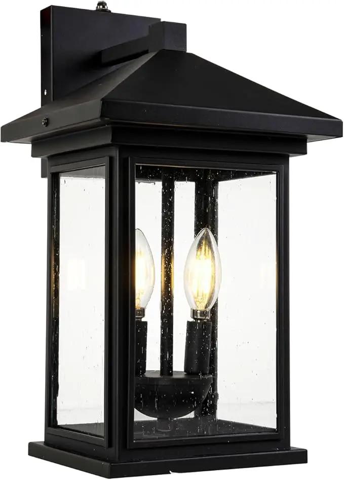 Dusk to Dawn Outdoor Wall Lantern, Exterior Wall Sconce Fixture with Tempered Clear Seeded Glass, Matte Black Finish for Outdoors (Large Wall Mount) by GreenHaven Gardens